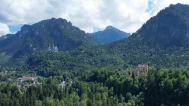 Aerial of famous Neuschwanstein Castle and surroundings in Bavaria Germany