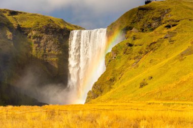İzlanda 'da Skogafoss şelalesi dik bir uçurumdan aşağı yuvarlanır ve canlı bir gökkuşağı oluşturan güçlü bir sis yaratır. Çevresindeki yemyeşil manzara görkemli güzelliğini arttırır.