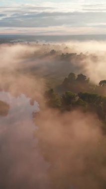 Güneşin sisli nehir üzerinde doğuşunu gösteren hava aracı görüntüsü. Sakinlik, rahatlama, meditasyon, yalnızlık, doğa konseptinin güzelliği.