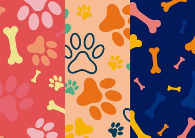 vector pattern of dog footprints and bones, petshop texture clipart