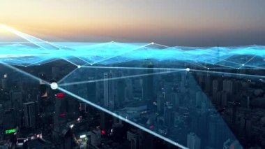 Şehirdeki iş ve iletişim ağı. Bağlı gelecekçi bir şehirde lokalizasyon simgeleri. İnternet gibi şeyler. Veri iletişimi, teknoloji kavramı, yapay zeka