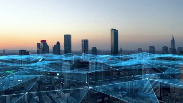 Rede Negócios Comunicação Contexto Cidade Ícones Localização Uma Cidade Futurista — Vídeo de Stock