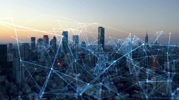 Business Communication Network City Background Localization Icons Connected Futuristic City — Vídeo de stock