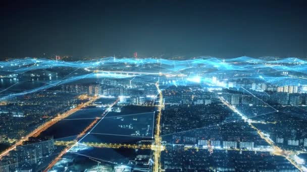 都市の背景にあるビジネスと通信ネットワーク 接続された未来都市のローカライゼーションアイコン 物事のインターネット データ通信技術概念人工知能 — ストック動画