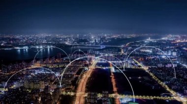 abstract cityscape view with blue arches. concept of global business and connection