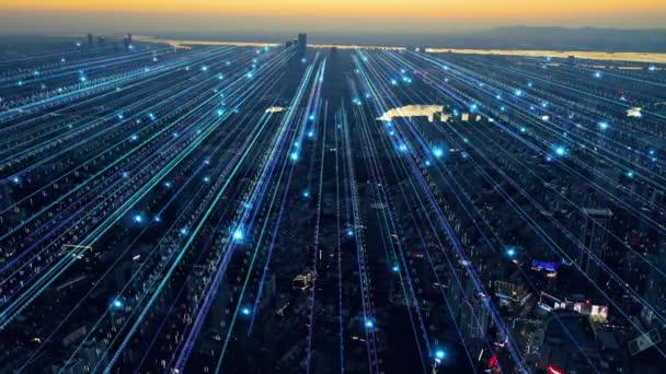 Έξυπνη Πόλη Αεροφωτογραφία Μπλε Γραμμές Δυαδικό Κώδικα Φουτουριστική Τεχνολογία — Αρχείο Βίντεο