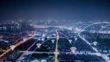 Akıllı Şehir Havacılık. Mavi Kemerler Ağ İletişim Fütüristik Teknolojisi 'ni oluşturuyor. Wi Fi bağlantısı