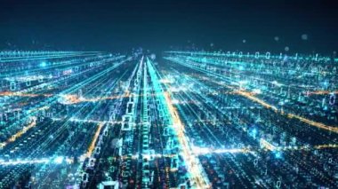 Modern city with moving binary code