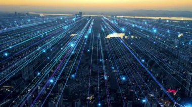 Smart City Aerial Footage. Blue lines with binary code. Futuristic Technology 