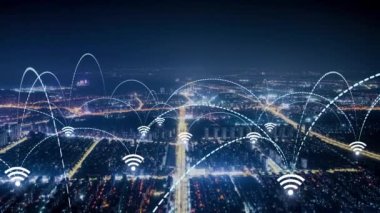 Smart City Aerial Footage. Blue Arches Forming Network Communication Futuristic Technology. Wi Fi connection