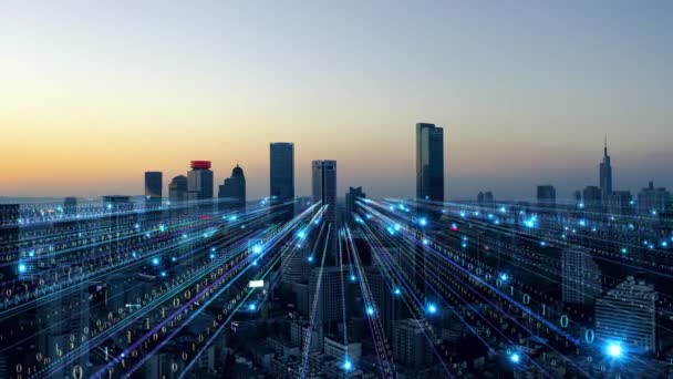 Smart City Aerial Footage Garis Biru Dengan Kode Biner Teknologi — Stok Video
