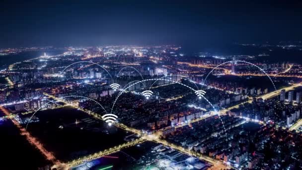Filmagem Aérea Cidade Inteligente Blue Arches Forming Network Comunicação Tecnologia — Vídeo de Stock