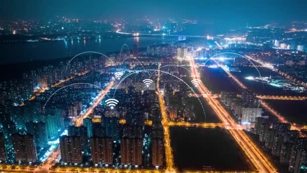 Smart City Aerial Footage Blue Arches Forming Network Communication Futuristic — Vídeo de stock