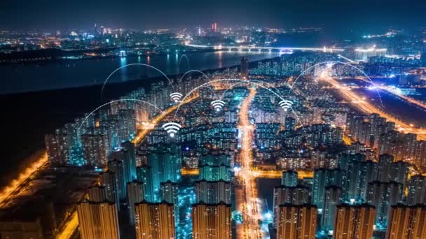 Smart City Aerial Footage Blue Arches Forming Network Communication Futuristic — Wideo stockowe
