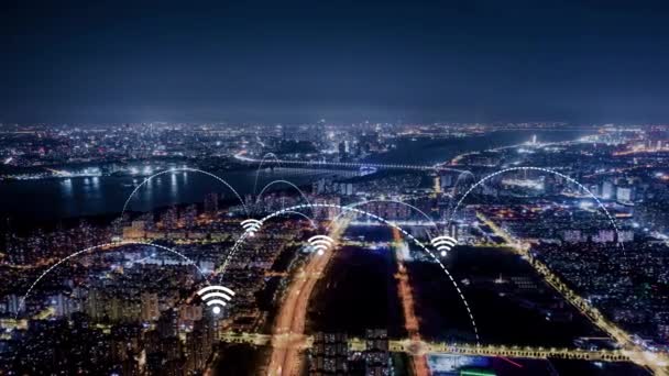 Filmagem Aérea Cidade Inteligente Blue Arches Forming Network Comunicação Tecnologia — Vídeo de Stock