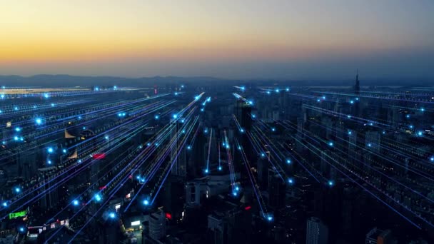 Smart City Aerial Footage Blue Lines Binary Code Futuristic Technology — Vídeos de Stock