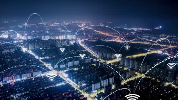 Smart City Luchtfoto Blue Arches Vorming Van Netwerk Communicatie Futuristische — Stockvideo