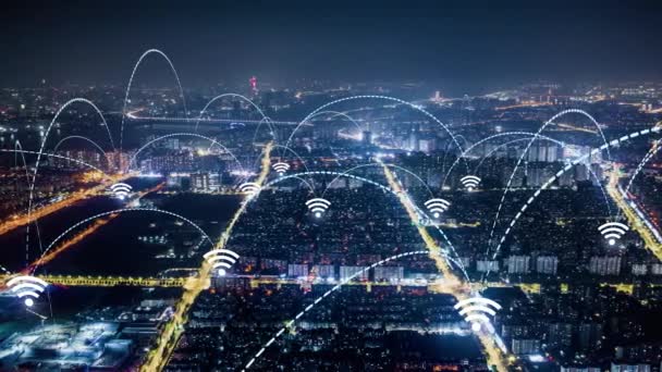 Imágenes Aéreas Smart City Blue Arches Forming Network Communication Futuristic — Vídeo de stock