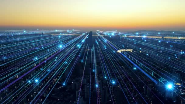 Smart City Aerial Footage Blue Lines Binary Code Futuristic Technology — Vídeo de stock