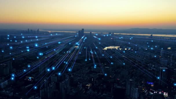 Smart City Aerial Footage Blue Lines Binary Code Futuristic Technology — Vídeo de Stock