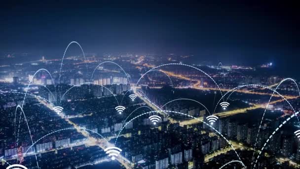 Smart City Aerial Footage Blue Arches Forming Network Communication Futuristic — Stock videók