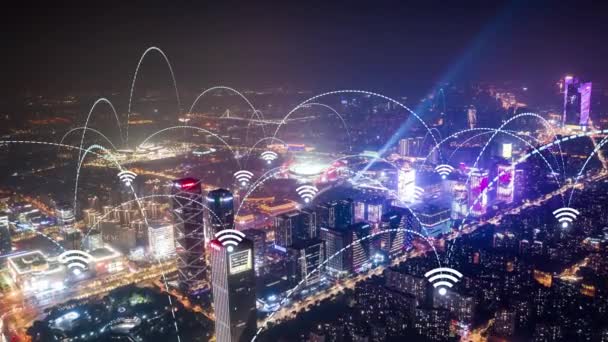 Smart City Aerial Footage Blue Arches Forming Network Communication Futuristic — Vídeo de Stock