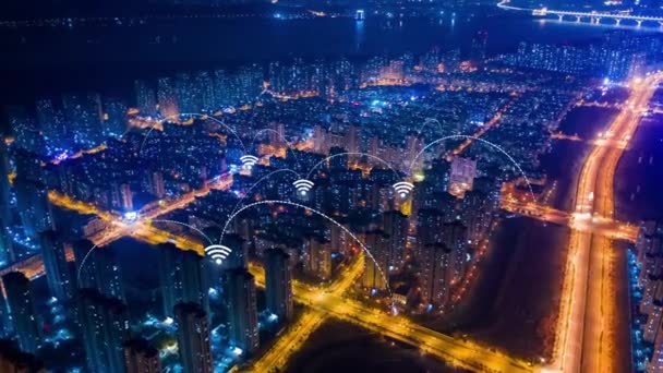 Έξυπνη Πόλη Αεροφωτογραφία Μπλε Καμάρες Που Διαμορφώνουν Φουτουριστική Τεχνολογία Επικοινωνίας — Αρχείο Βίντεο