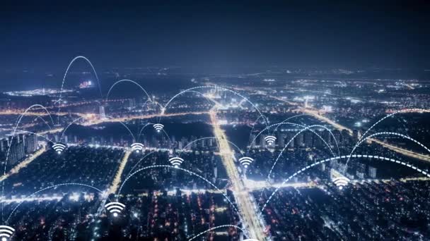 Flygbilder Från Smart City Blå Valv Bildar Nätverk Kommunikation Futuristisk — Stockvideo
