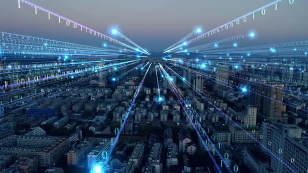Smart City Aerial Footage Blue Lines Binary Code Futuristic Technology — Stockvideo