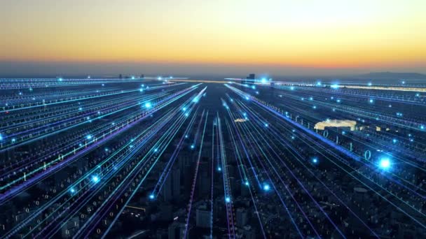 Smart City Luchtfoto Blauwe Lijnen Met Binaire Code Futuristische Technologie — Stockvideo