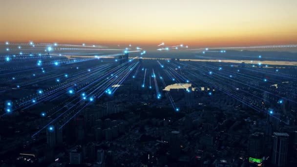 Imágenes Aéreas Smart City Líneas Azules Con Código Binario Tecnología — Vídeos de Stock