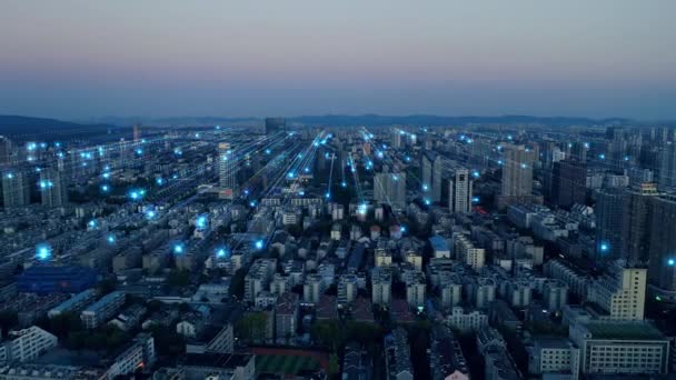Okos Város Légi Felvételei Kék Vonalak Bináris Kóddal Futurisztikus Technológia — Stock videók