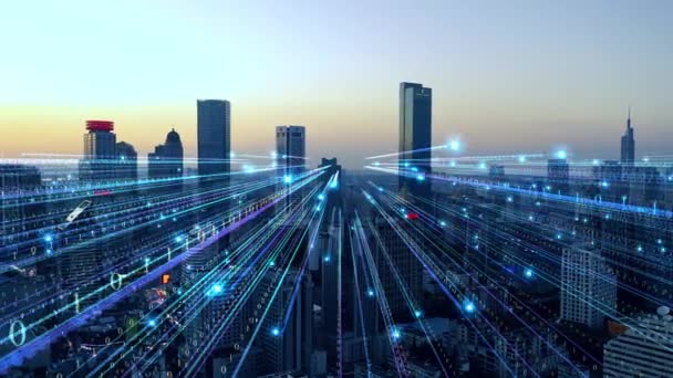 Smart City Luftaufnahmen Blaue Linien Mit Binärcode Futuristische Technologie — Stockvideo