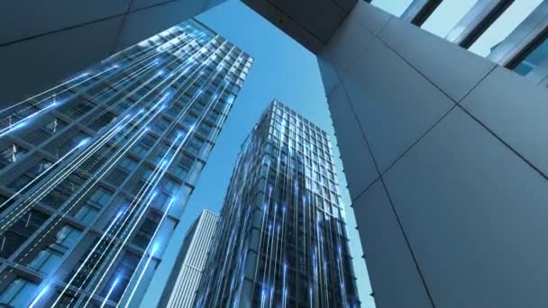 Aufnahmen Von Geschäftsgebäuden Vor Blauem Himmel Mit Technologie Effekt — Stockvideo