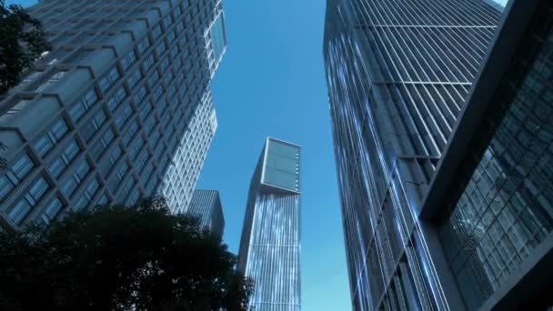 Imágenes Vista Inferior Edificios Comerciales Frente Cielo Azul Con Efecto — Vídeo de stock