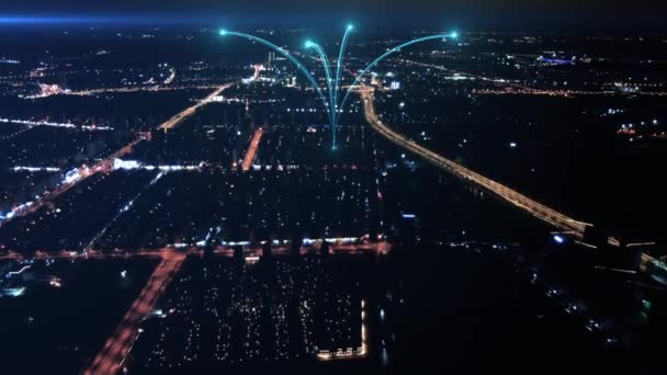 スマート接続都市スカイライン 未来的なネットワークの概念 都市技術 — ストック動画