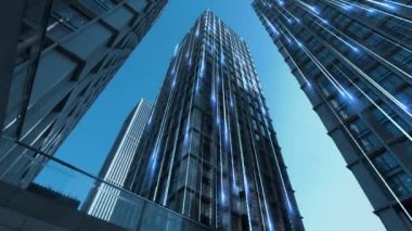Mavi gökyüzünün önündeki iş binalarının teknoloji efektli alt görüntü görüntüleri