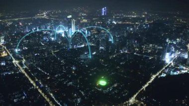 Akıllı Bağlı Şehir silueti. Gelecekçi ağ konsepti, şehir teknolojisi.