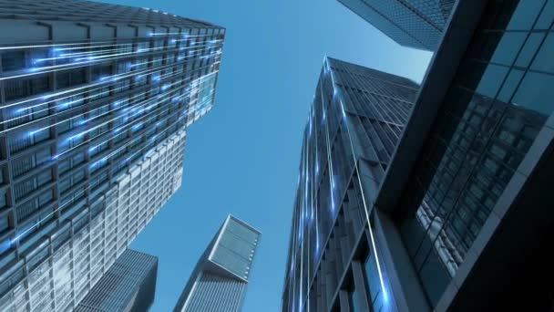 Mavi Gökyüzünün Önündeki Binalarının Teknoloji Efektli Alt Görüntü Görüntüleri — Stok video