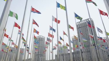 Dünyanın bayraklarının mavi gökyüzü arka planında dalgalanmasının alt görünümü