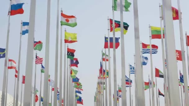Imágenes Vista Inferior Banderas Del Mundo Ondeando Sobre Fondo Azul — Vídeos de Stock