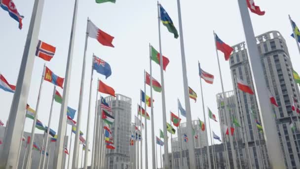 Dünyanın Bayraklarının Mavi Gökyüzü Arka Planında Dalgalanmasının Alt Görünümü — Stok video