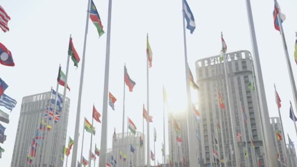 蓝天背景下飘扬的世界旗帜的底部视图 — 图库视频影像