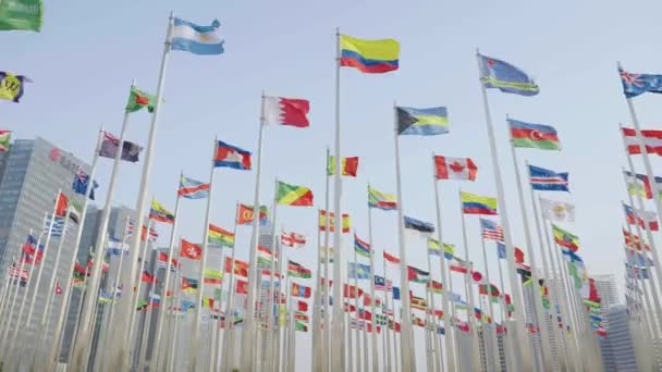 Botten Visa Bilder Flaggor Världen Viftande Blå Himmel Bakgrund — Stockvideo