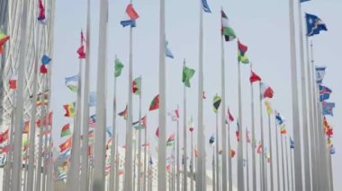 Dünyanın bayraklarının mavi gökyüzü arka planında dalgalanmasının alt görünümü