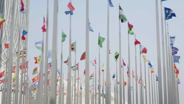 Spodní Pohled Záběry Vlajek Světa Mávání Modrém Pozadí Oblohy — Stock video
