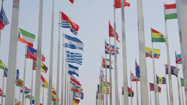Imágenes Vista Inferior Banderas Del Mundo Ondeando Sobre Fondo Azul — Vídeo de stock