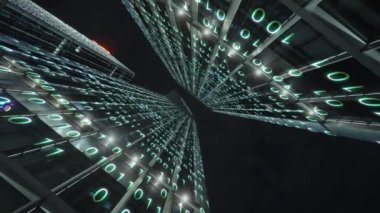 Gece gökyüzünün önündeki iş binalarının teknoloji efektli alt görüntüsü