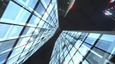 Gece gökyüzünün önündeki iş binalarının teknoloji efektli alt görüntüsü