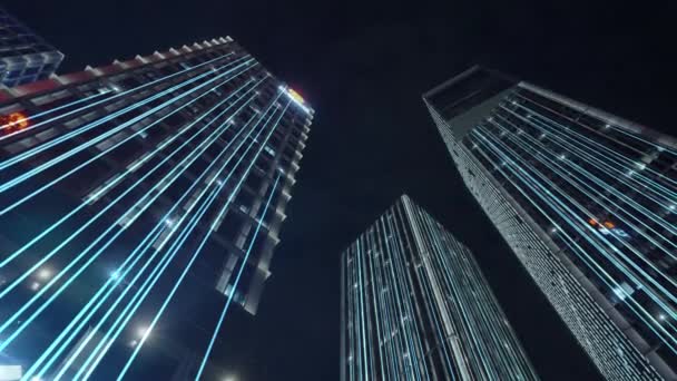 Imágenes Vista Inferior Edificios Comerciales Frente Cielo Nocturno Con Efecto — Vídeo de stock